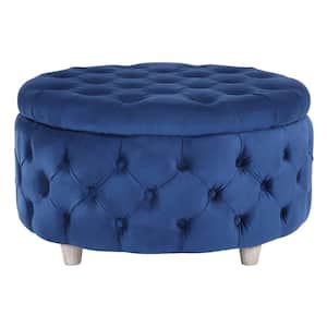 Highland 29.5 in. Royal Blue Wide Tufted Velvet Round Ottoman with Storage