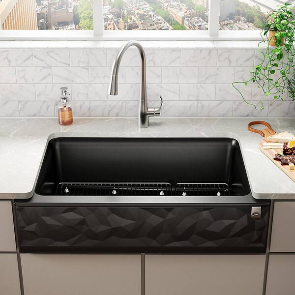 KOHLER Cairn 35.69 in. Undermount Single Bowl Matte Black Engineered Stone Kitchen Sink