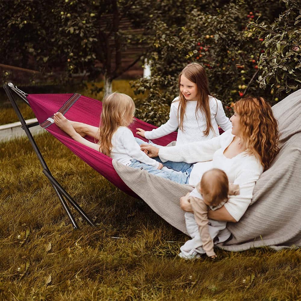 Deep Berry Powder-Coated Steel Double Hammock with Stand