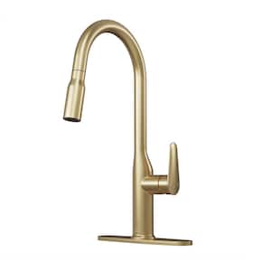 Single Handle Pull-Down Sprayer Kitchen Faucet with Deckplate in Brushed Gold