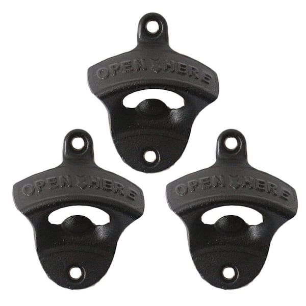 Black Cast Iron Wall Mounted Bottle Openers with Open Here Marking, Pack