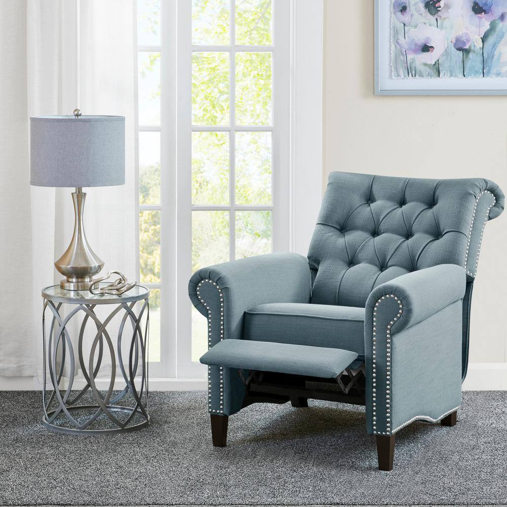 Transitional Blue Tufted Recliner with Bronze Nailhead Trim