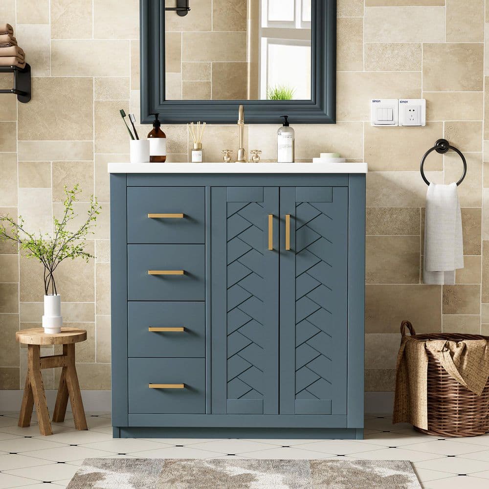 30 in. W x 18.3 in. D x 34 in. H Freestanding Bath Vanity in Blue with White Ceramic Top Sink and 3-Drawers price history on PriceWatchPro