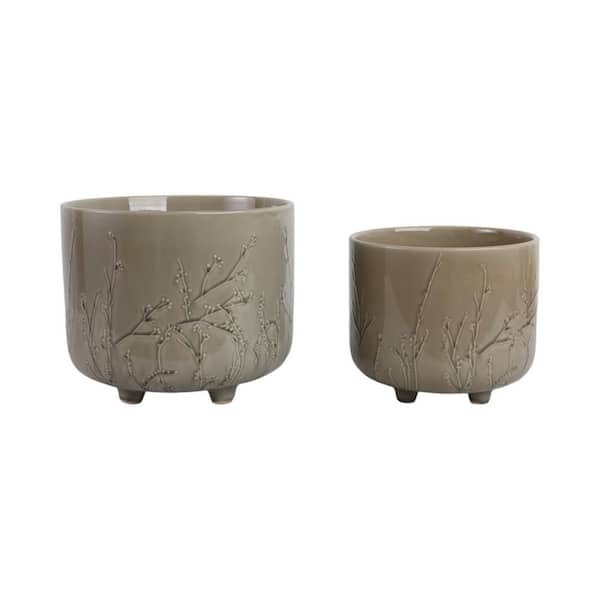9 in. and 11 in. Ivory Ceramic Flower Branches Decorative Pots (Set of 2)