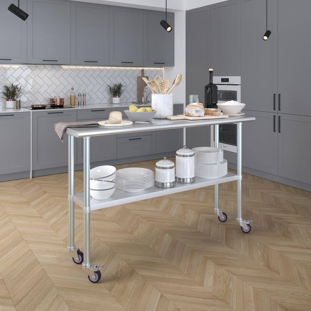 60" Stainless Steel Work Table with Galvanized Undershelf and Casters