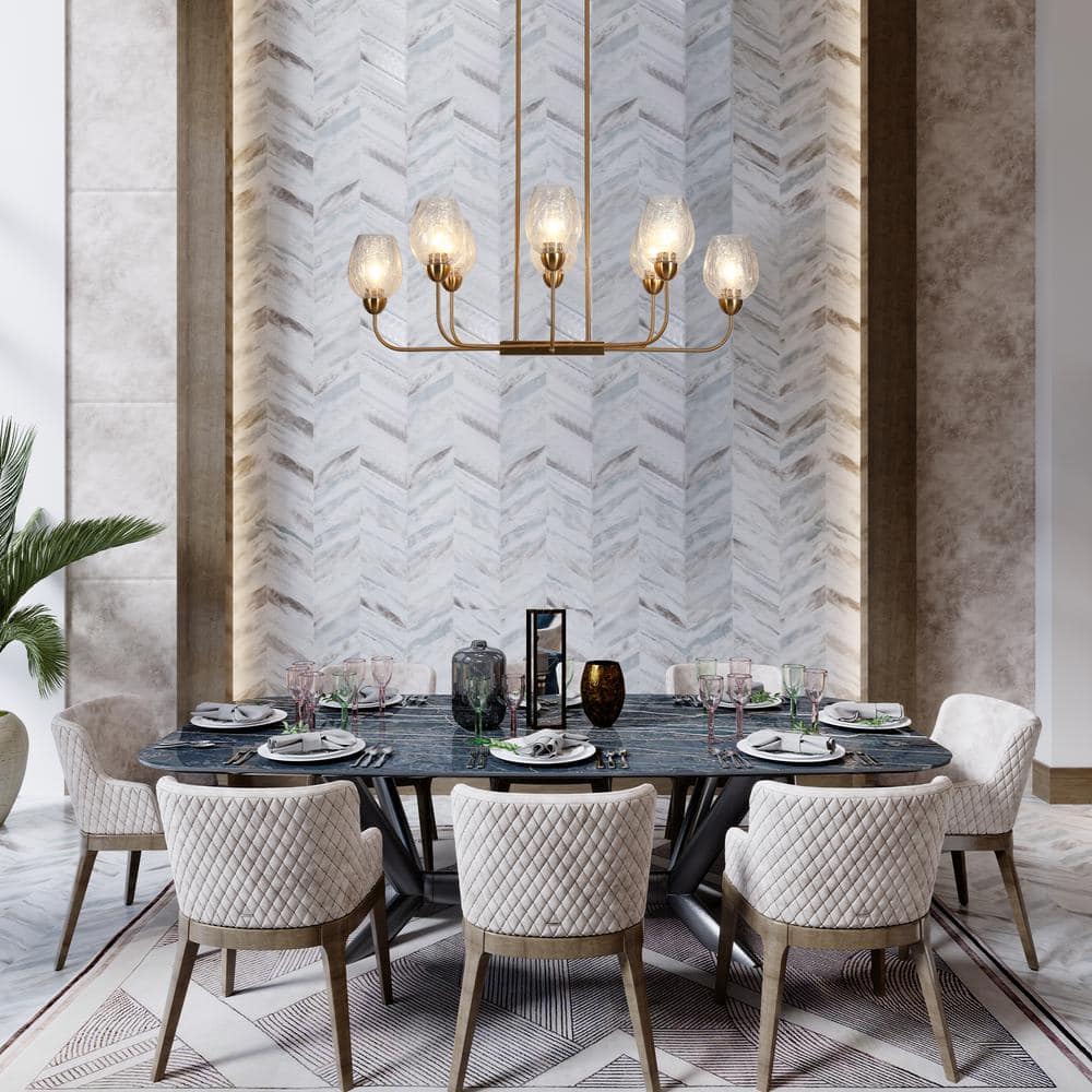 Gold Brass 8-Light Chandelier with Crackled Glass Shades