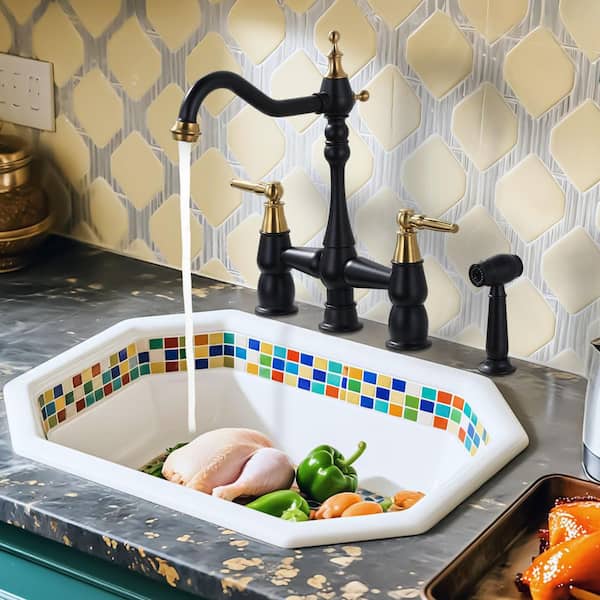 Double Handle Brass Vintage Bridge Kitchen Sink Faucet with Side Sprayer and Supply Lines in Brushed Gold