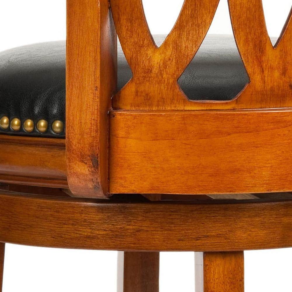 Transitional Baldwin Carved Swivel Barstool in Dark Oak & Black Leather