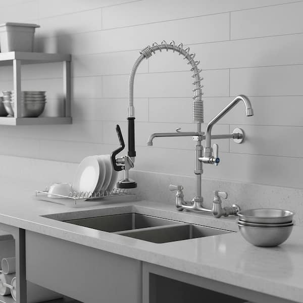 21 in Wall mounted faucet Triple Handle Pull Down Sprayer 360 Degree Spout Swivel Kitchen Faucet in Brushed Nickel