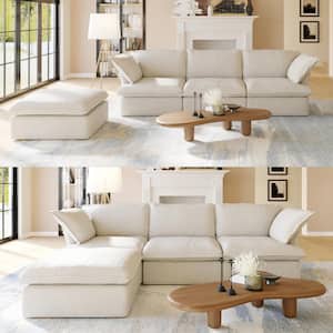 123 in. Contemporary Down Filled Comfort Overstuffed Linen Flannel Modular L-Shaped Sectional 3-Seater and Ottoman,Beige