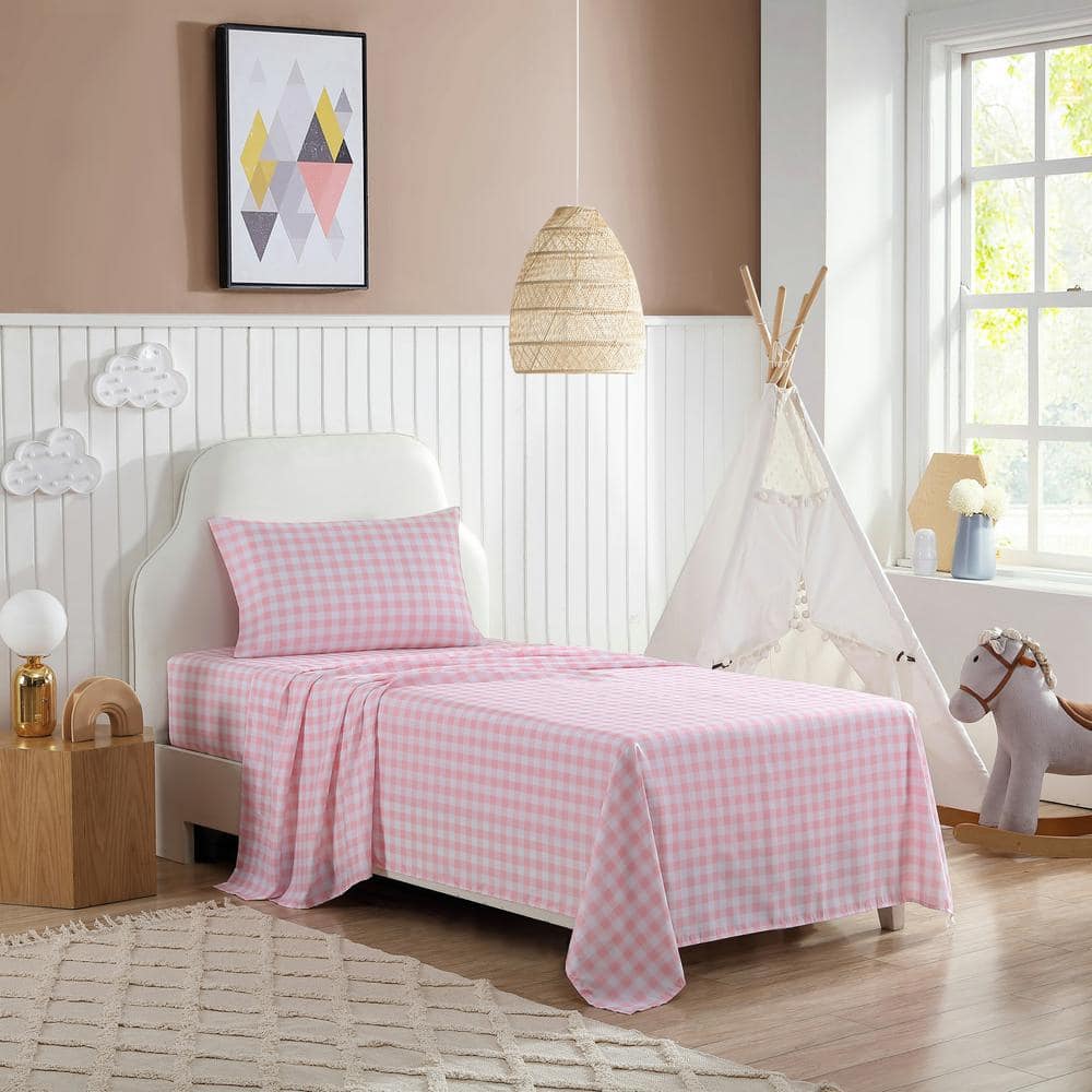 Twin Pink Plaid Polyester Microfiber Kids Sheet Set