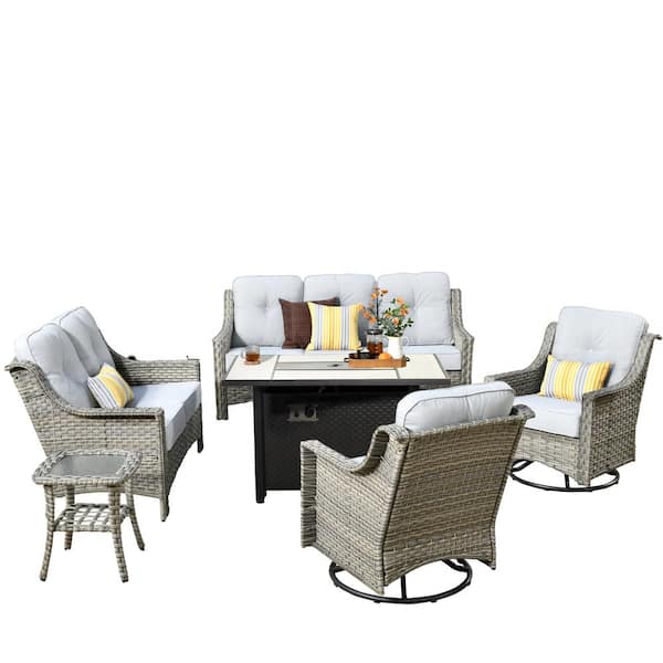Eureka Gray 6-Piece Wicker Outdoor Patio Conversation Sofa Loveseat Set with a Metal Fire Pit and Light Gray Cushions