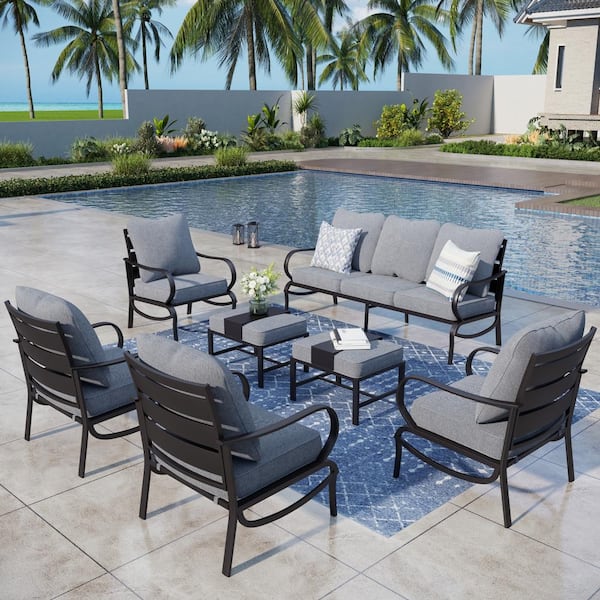 PHI VILLA Black Slatted 9-Seat 7-Piece Metal Outdoor Patio Conversation Set with Gray Cushions and 2 Ottomans