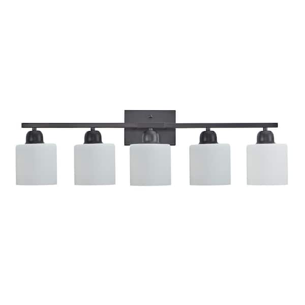31.5 in. 5 Black Vanity Light Fixture with Milky White Glass Shades