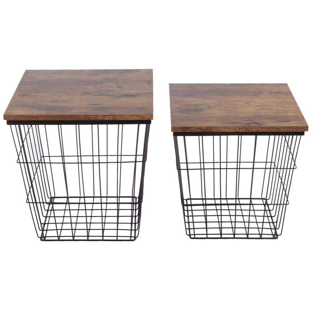 End Table with Storage – Set of 2 Round Nesting Tables with Diamond Pattern  Wire Basket Wood Tops, Industrial Farmhouse Side Table by Lavish Home