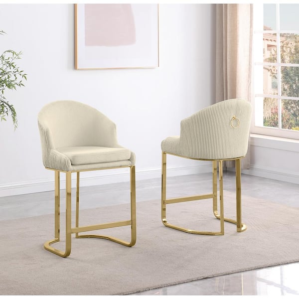 Raul 24 in. Cream Low Back Metal Frame Gold Chrome Iron Legs Counter Stool with Teddy Fabric Set of 2
