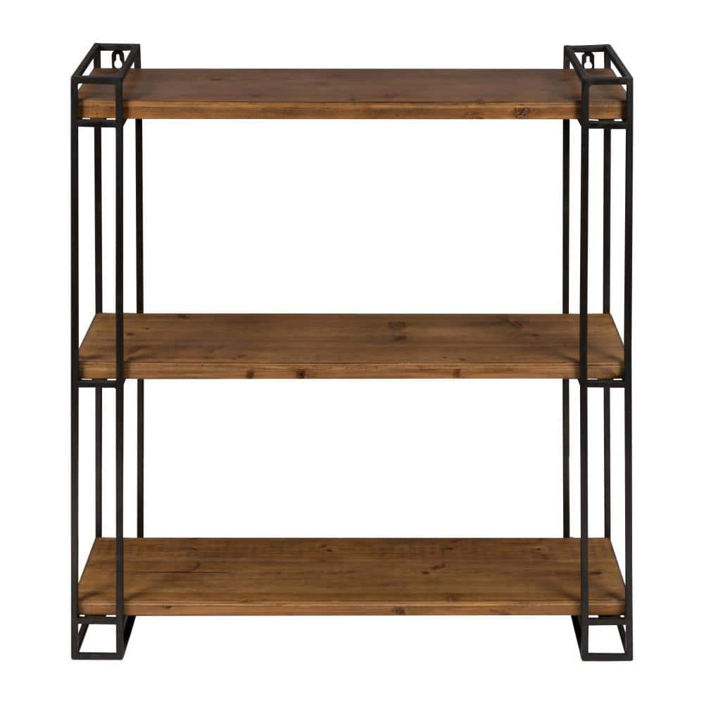 Rustic Black Metal and Wood 26''x30.5'' Floating Wall Shelf