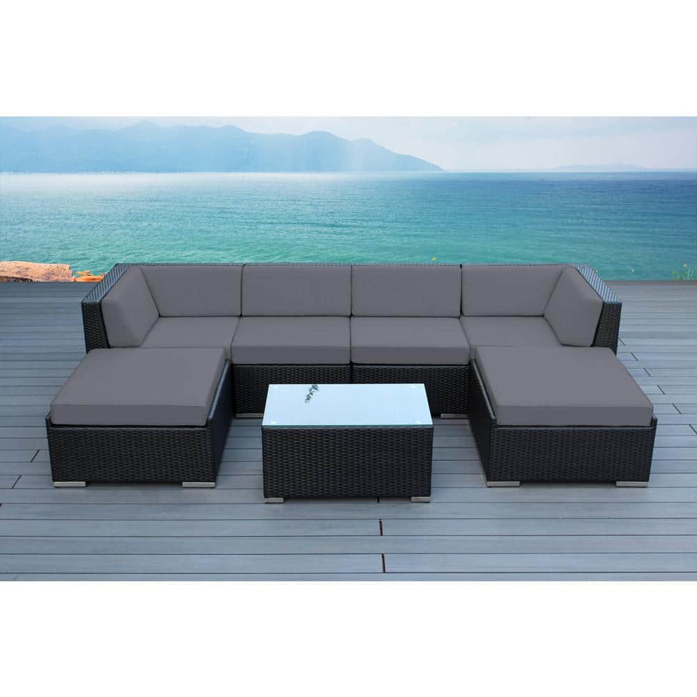 Ohana Depot Ohana Black 7Piece Wicker Patio Seating Set with