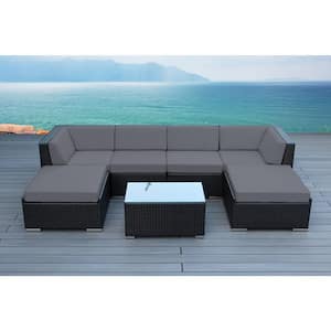 Ohana Black 7-Piece Wicker Patio Seating Set with Supercrylic Gray Cushions