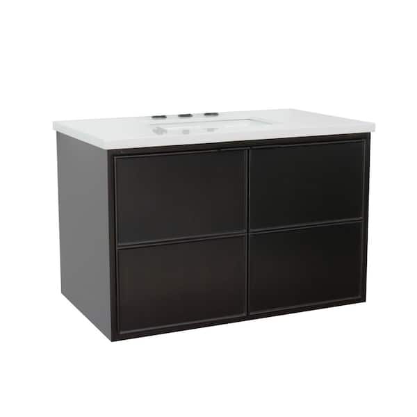 Bellaterra Home Scandi IV 37 in. W x 22 in. D Wall Mount Bath Vanity in Cappuccino w/ White Engineered Stone Top White Rectangle Basin