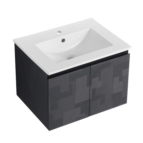 Dimakai 24 in. W x 18.3 in. D x 17.3 in. H Single Sink Wall Mounted Bath Vanity in Black Tetris Pattern with White Ceramic Top
