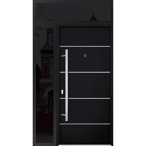 VDOMDOORS 6083 48 in. x 96 in. Right-hand/Inswing Sidelight and Transom Black Enamel Steel Prehung Front Door with Hardware