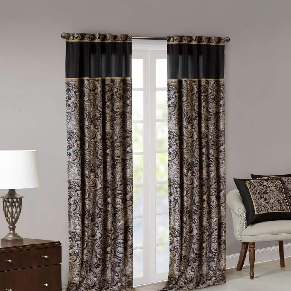Black Faux Silk Jacquard Paisley Curtain Panels, 50" x 95"