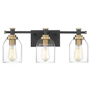 21.3 in. 3 Light Black and Gold Indoor Bedroom Vanity Light Wall Sconce Light with Clear Glass Shade