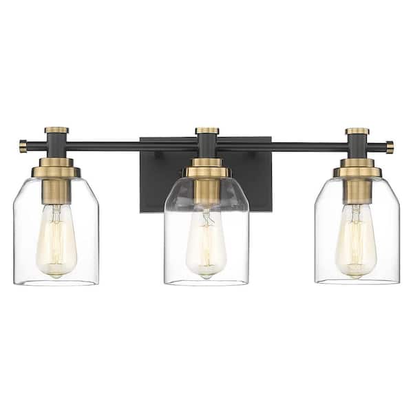 JAZAVA 21.3 in. 3 Light Black and Gold Indoor Bedroom Vanity Light Wall Sconce Light with Clear Glass Shade