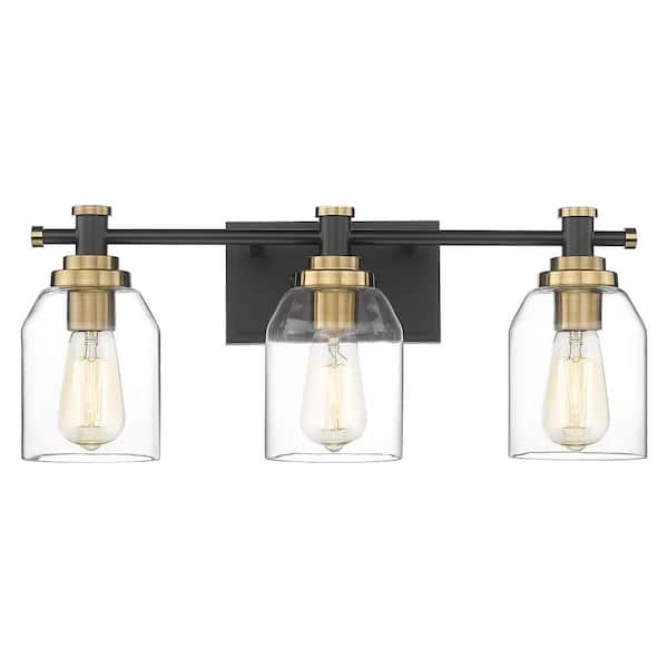 JAZAVA 21.3 in. 3-Light Black and Gold Indoor Bedroom Vanity Light Wall Sconce Light with Clear Glass Shade
