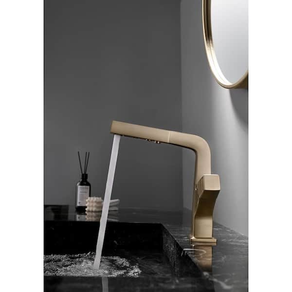 1-Handle 1-Hole 2-Spray Bathroom Sink Faucet Pull Down Sprayer Bathroom Faucet in Brushed Gold