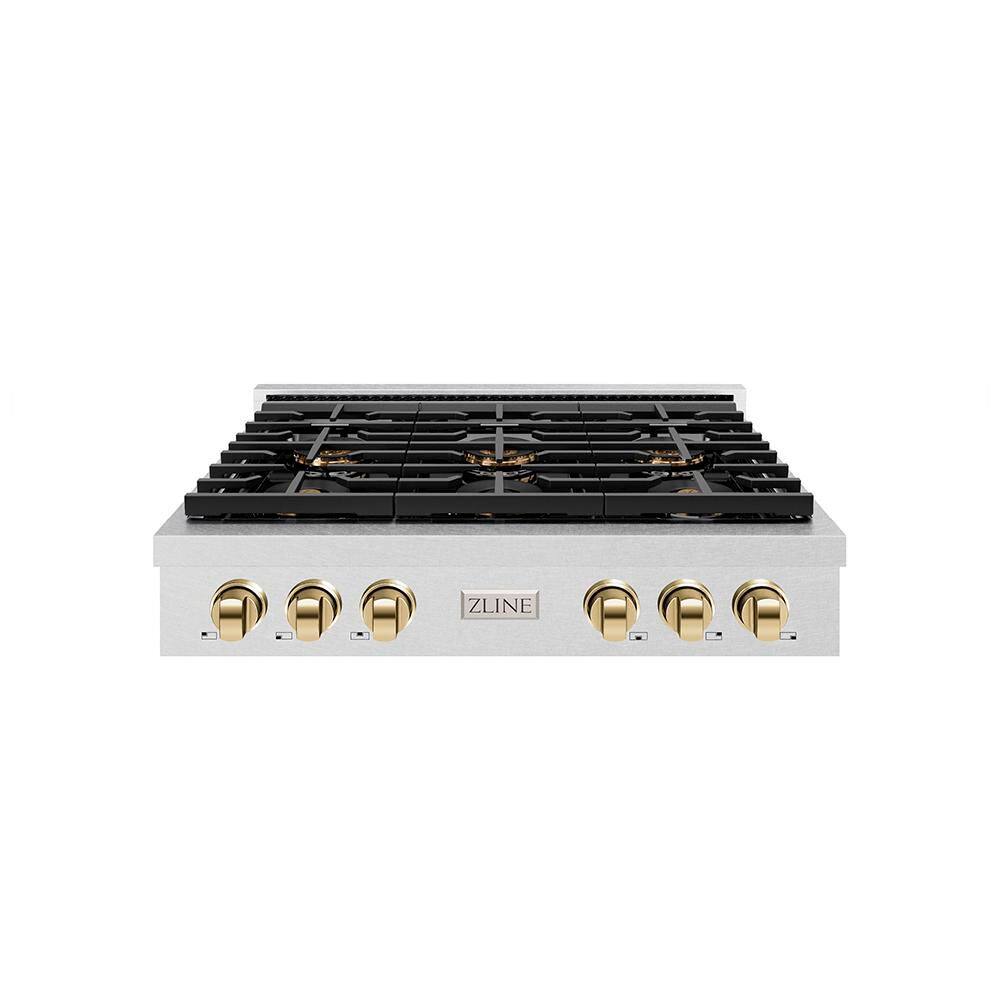 Autograph 36 in. Paramount Gas Rangetop with 6 Burner DuoPro Cooktop in Satin Stainless Steel and Polished Gold Accents