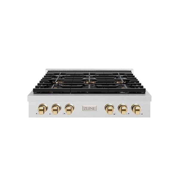Autograph 36 in. Paramount Gas Rangetop with 6 Burner DuoPro Cooktop in Satin Stainless Steel and Polished Gold Accents