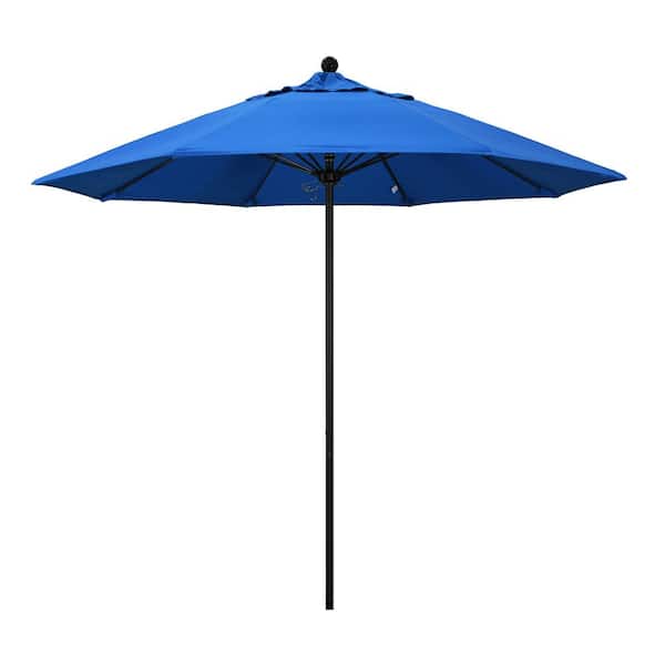 California Umbrella 9 ft. Black Aluminum Commercial Market Patio Umbrella with Fiberglass Ribs and Push Lift in Royal Blue Olefin