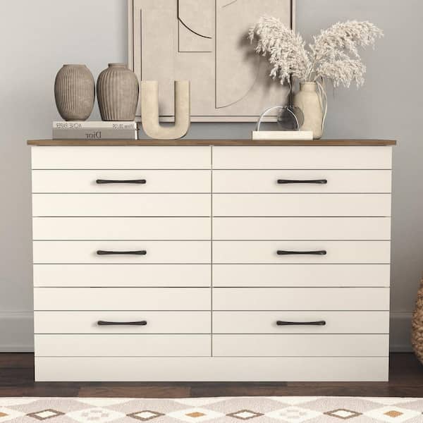 GALANO Elis 31.5 in. H x 47.2 in. W x 15.7 in. D Ivory with Knotty Oak 6-Drawers Dresser