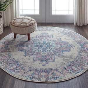 Grafix Ivory/Pink 5 ft. x 5 ft. Persian Medallion Transitional Round Rug