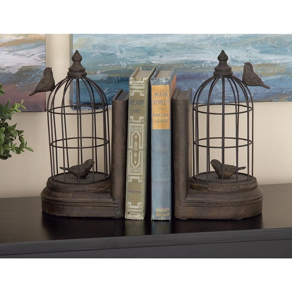 Litton Lane Black Metal Bird Bookends with Cages (Set of 2) 44729 The