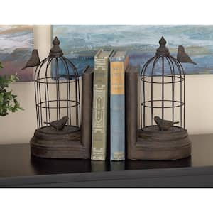 Black Metal Bird Bookends with Cages (Set of 2)