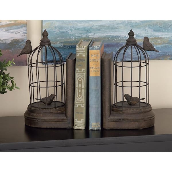 Litton Lane Black Metal Bird Bookends with Cages (Set of 2)