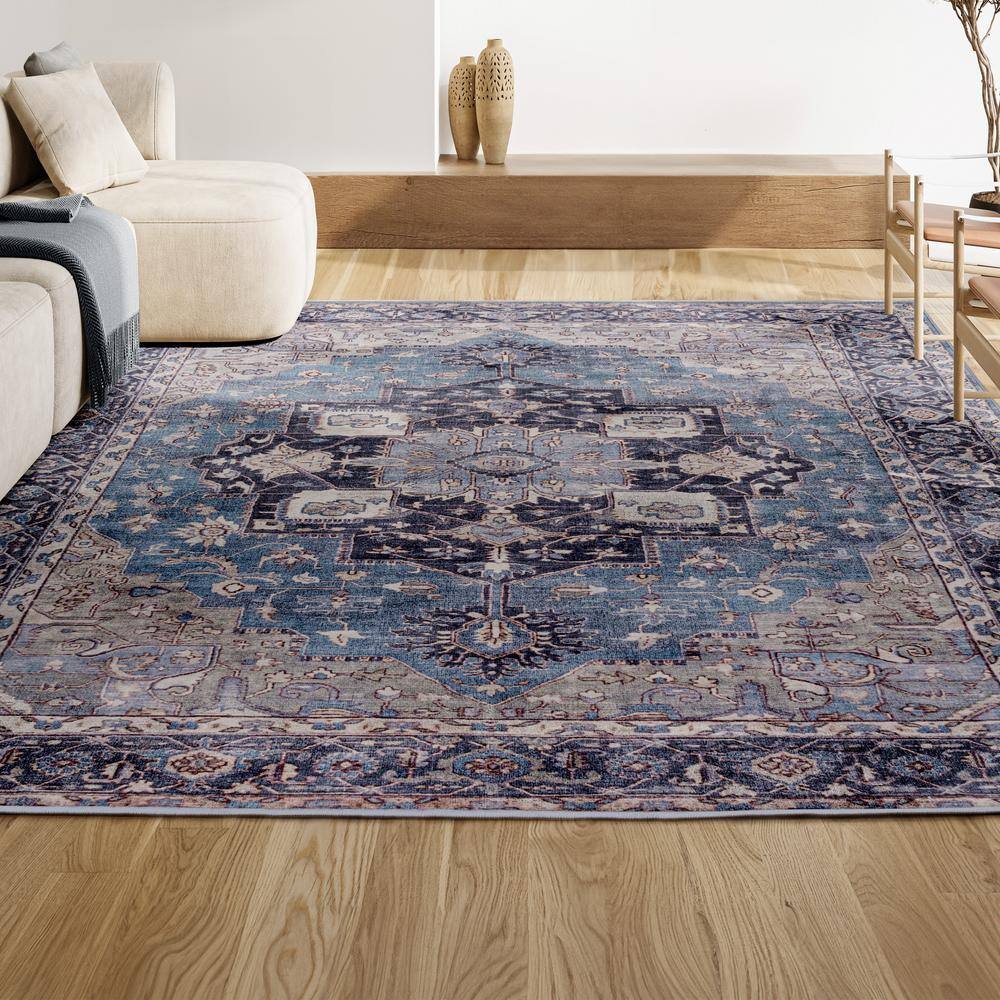 Maris Ornate Medallion Blue/Cream Chenille 4' x 6' Washable Area Rug