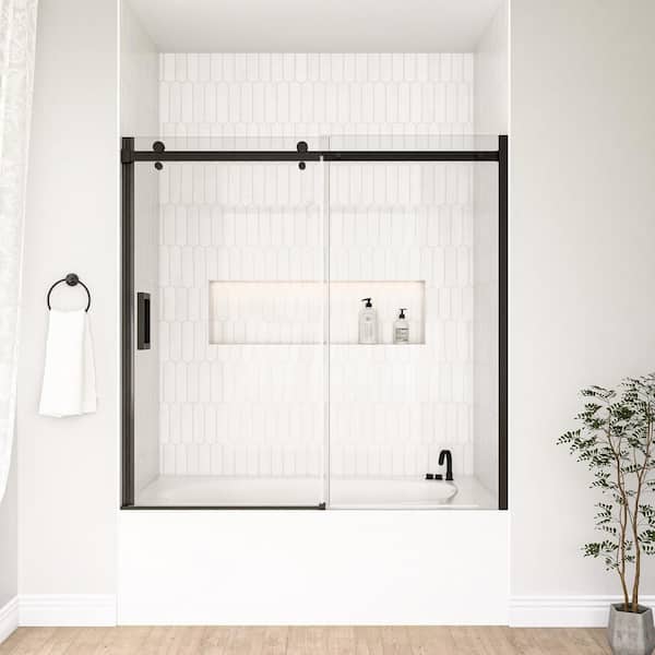 mortix 60 in. W x 58 in. H Single Sliding Semi-Frameless Tub Door in Matte Black with 8mm Explosion-Proof Tempered Clear Glass