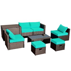 8-Pieces Wicker Patio Sectional Seating Set Rattan Furniture with Turquoise Cushions, Storage Box and Waterproof Cover