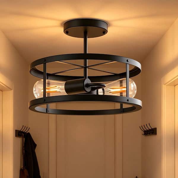 13 in. 2-Light Matte Black Drum Flush Mount Lighting Dimmable Metal Ceiling Light Fixture for Living Rooms