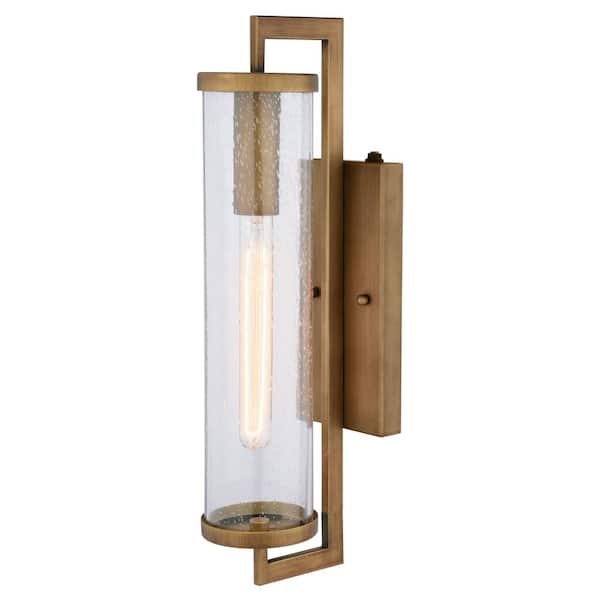 Morgan Park 20 in. H 1-Light Warm Brass Dusk to Dawn Modern Outdoor Cylinder Wall Sconce Lantern, Clear Glass Shade