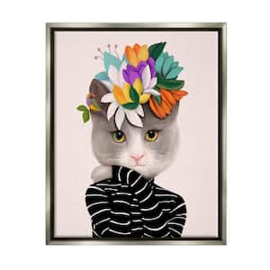 Bold Floral Design Grey Cat Striped Sweater by Ioana Horvat Floater Frame Animal Wall Art Print 21 in. x 17 in.