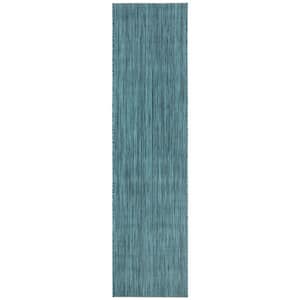 Beach House Turquoise 2 ft. x 10 ft. Solid Striped Indoor/Outdoor Patio  Runner Rug