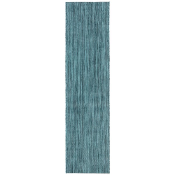 SAFAVIEH Beach House Turquoise 2 ft. x 10 ft. Solid Striped Indoor/Outdoor Patio  Runner Rug