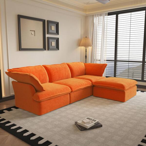 J&E Home 122.82 in Wide Flared Arm Linen L Shaped Sofa with