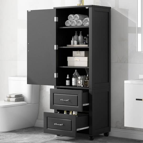23 in. W x 15.9 in. D x 61.4 in. H Black Wood Tall Bathroom Storage Linen Cabinet with 2 Drawers and Adjustable Shelf