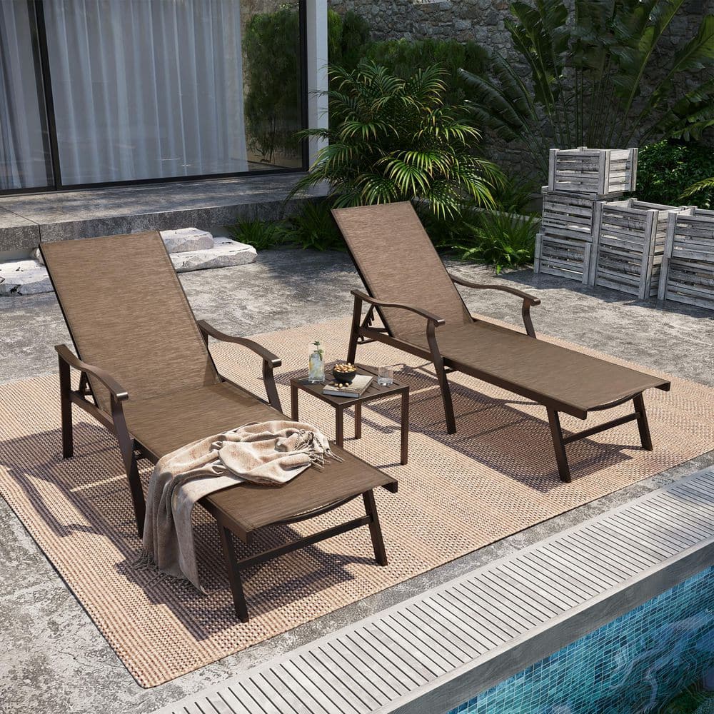 Brown Metal Aluminum Outdoor Chaise Lounge Chairs in Brown with Side Table price history on PriceWatchPro